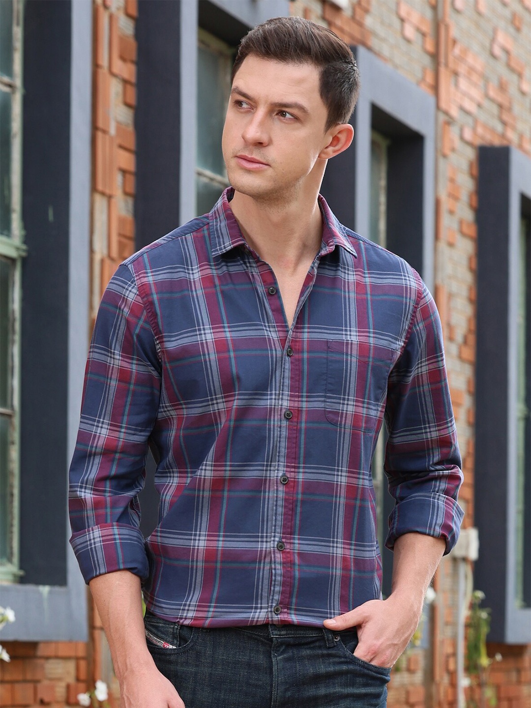 

POE Classic Slim Fit Tartan Checked Casual Shirt, Navy blue