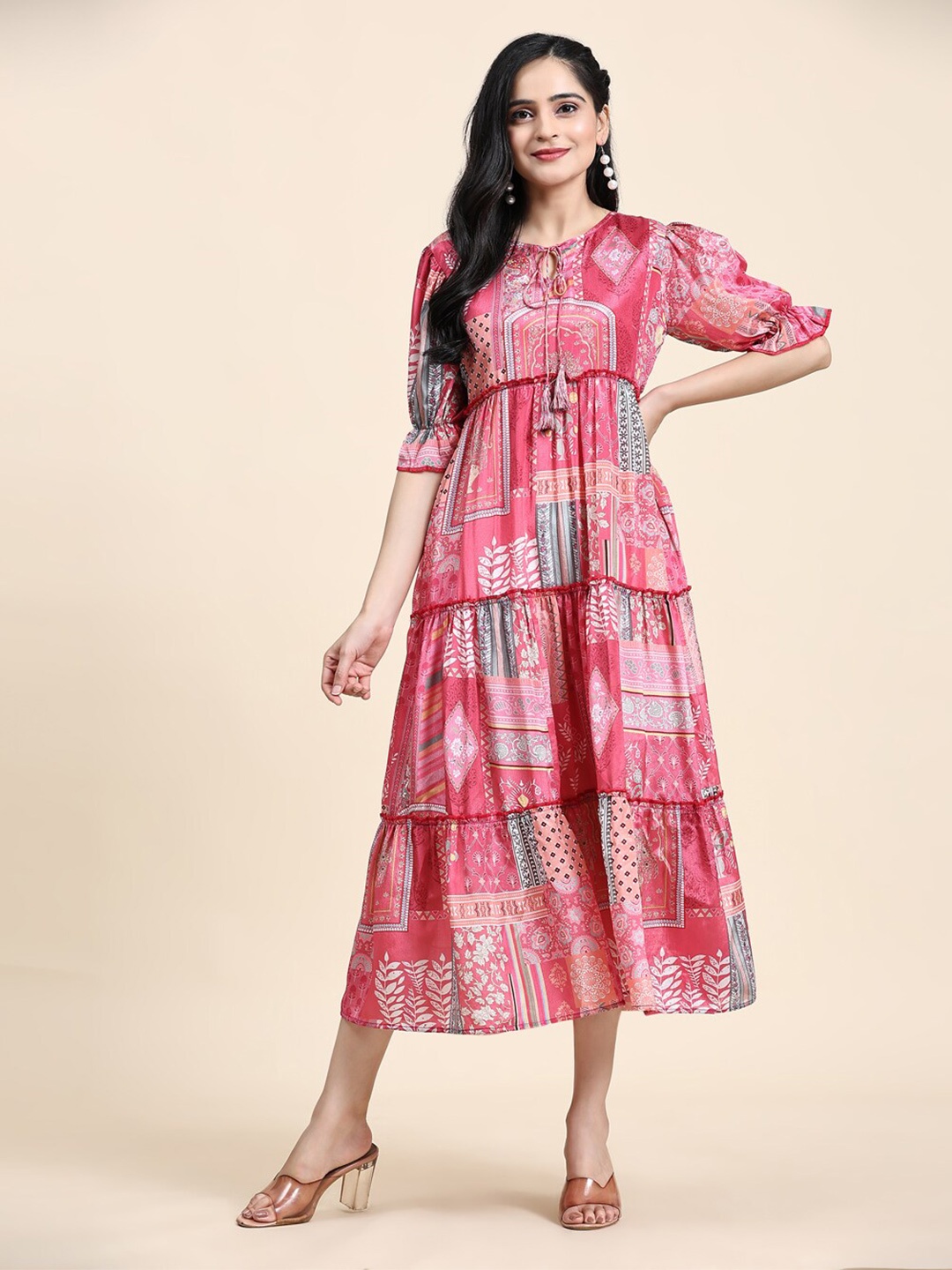 

Growish Ethnic Motifs Print Tie-Up Neck Bell Sleeve A-Line Midi Dress, Pink