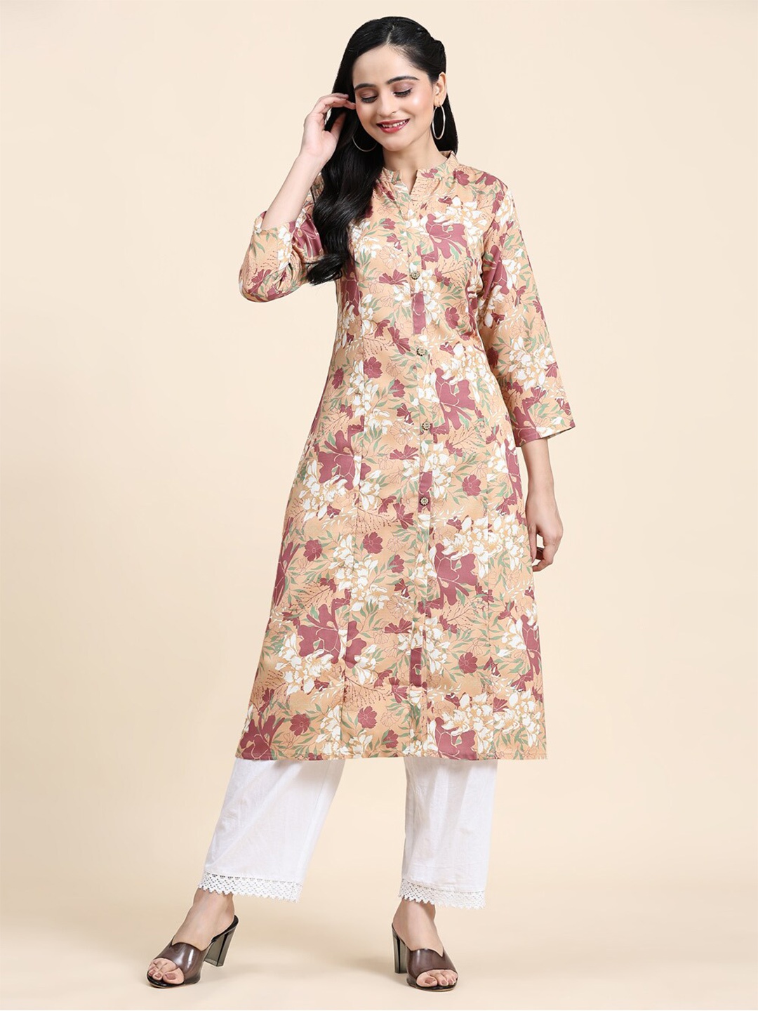 

Growish Floral Print A-Line Midi Dress, Beige