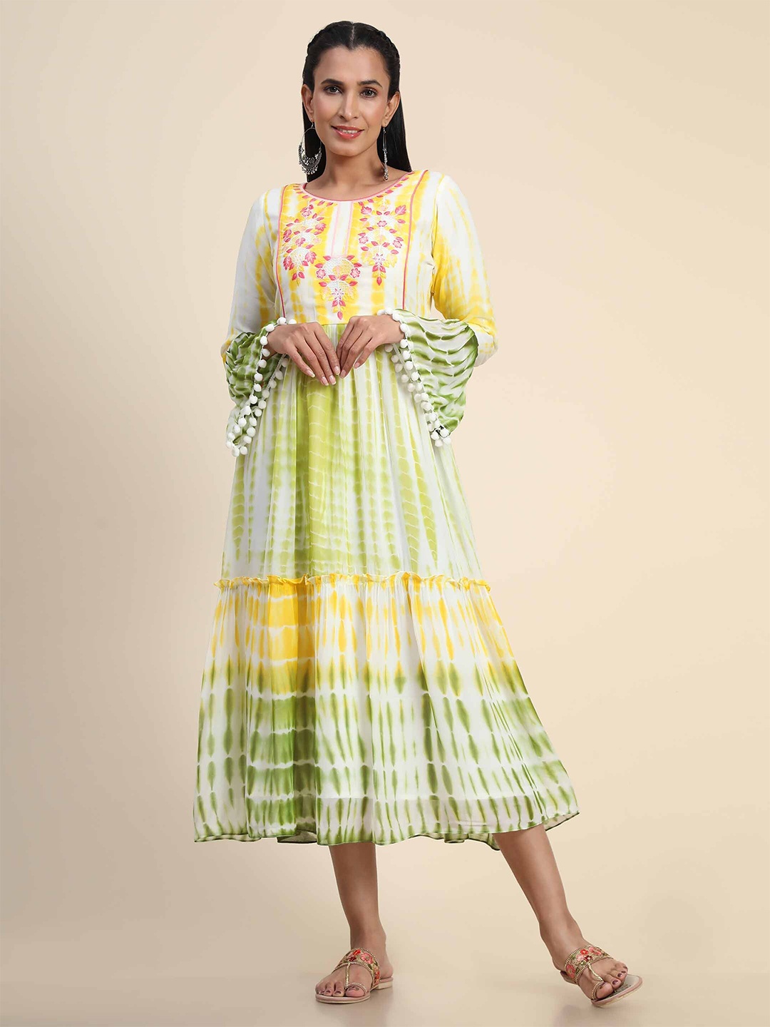 

Growish Tie and Dye Print Bell Sleeve A-Line Midi Dress, Yellow