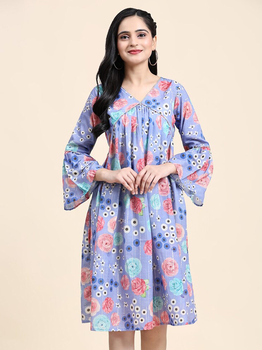 

Growish Floral Print Bell Sleeve A-Line Dress, Blue