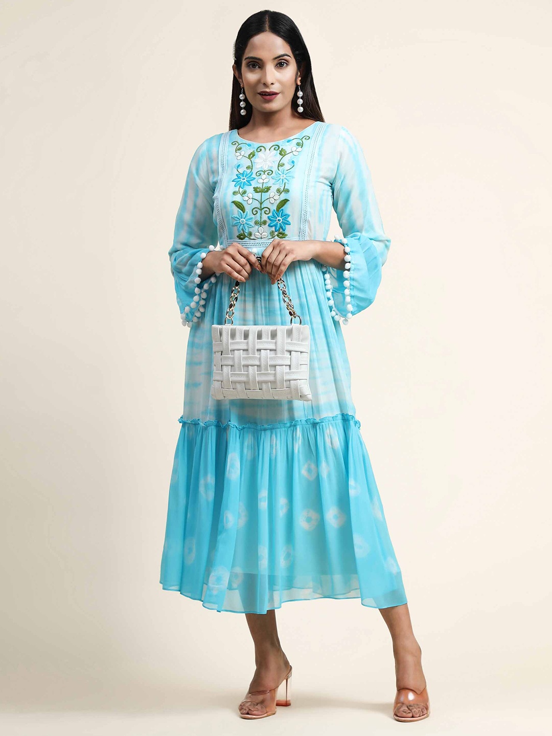 

Growish Tie and Dyed Bell Sleeve Georgette A-Line Midi Dress, Blue
