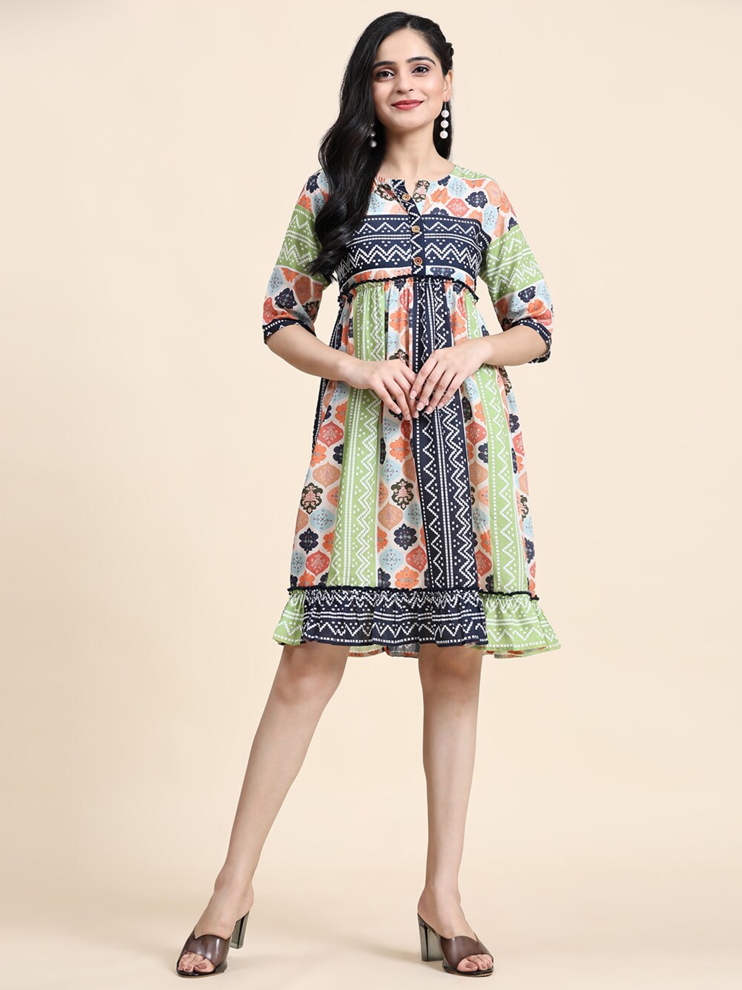 

Growish Ethnic Motifs Printed Round Neck A-Line Dress, Green