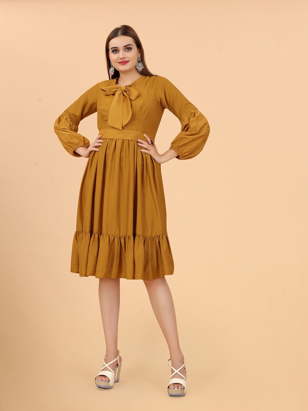 

Growish Tie-Up Neck Puff Sleeve Fit & Flare Dress, Gold