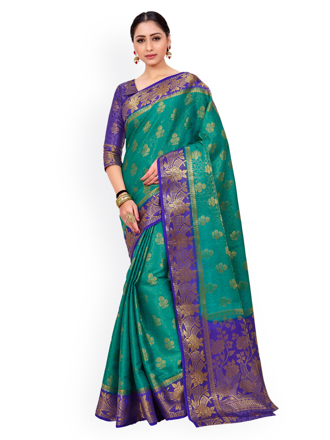

MIMOSA Teal & Purple Art Silk Embellished Kanjeevaram Saree
