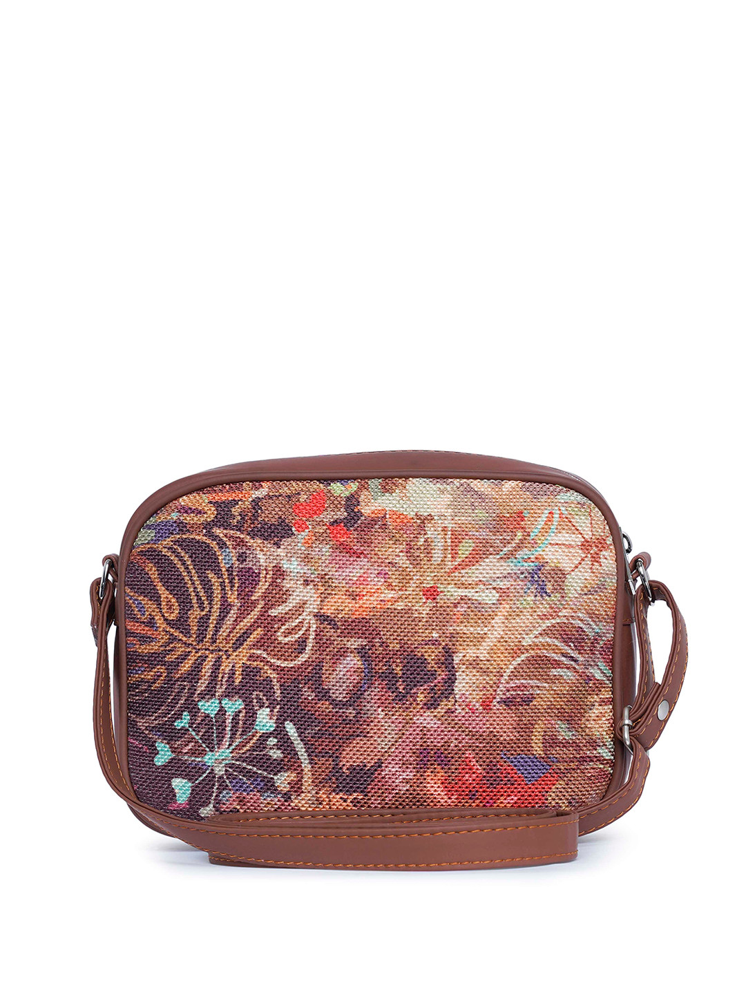 

ZOUK Floral Printed Structured Jute Sling Bag, Brown