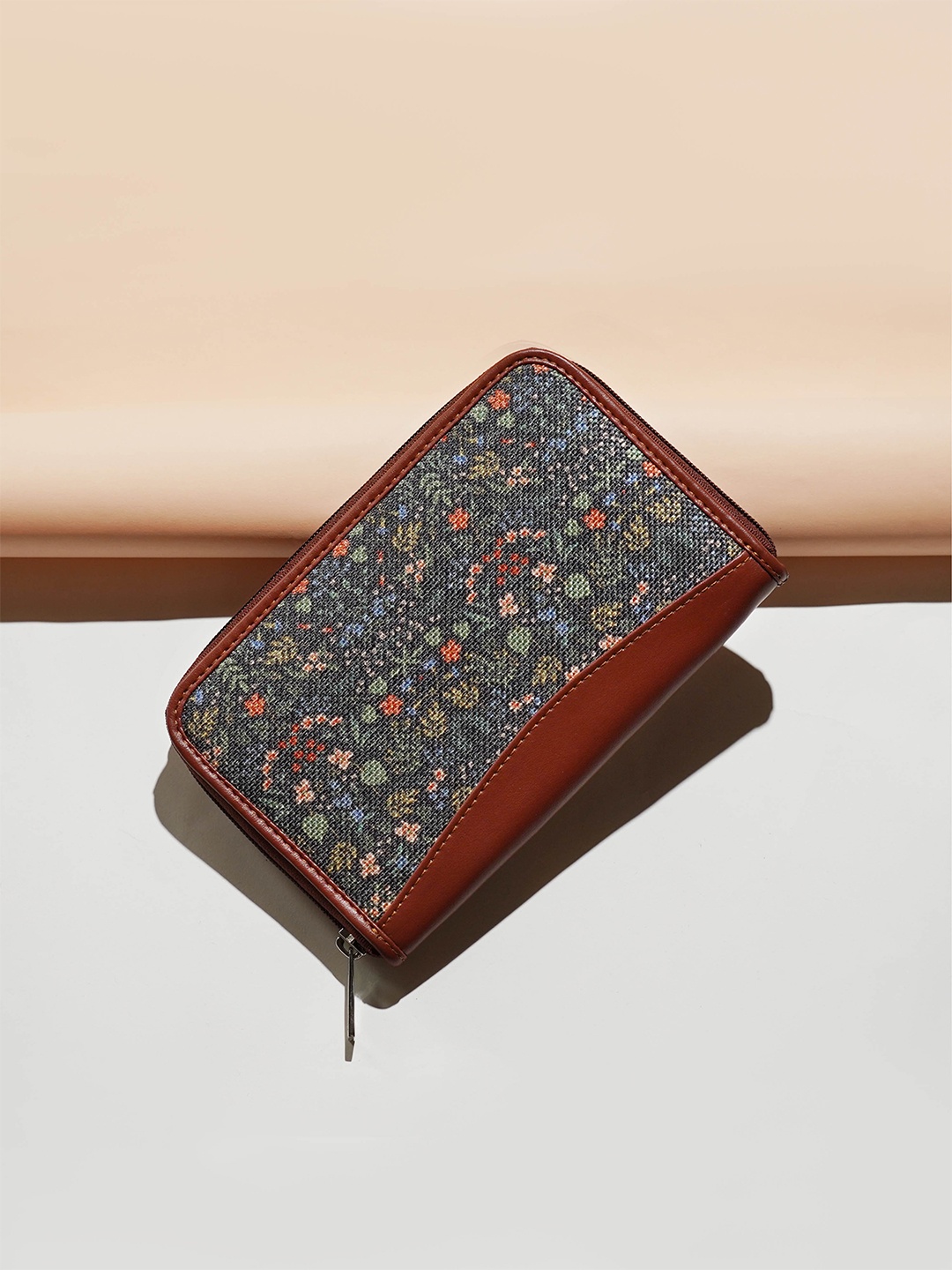 

ZOUK Women Floral Printed Zip Detail Zip Around Wallet, Brown