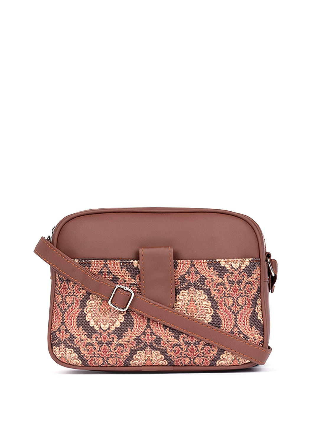 

ZOUK Ethnic Motifs Printed Structured Jute Sling Bag, Brown