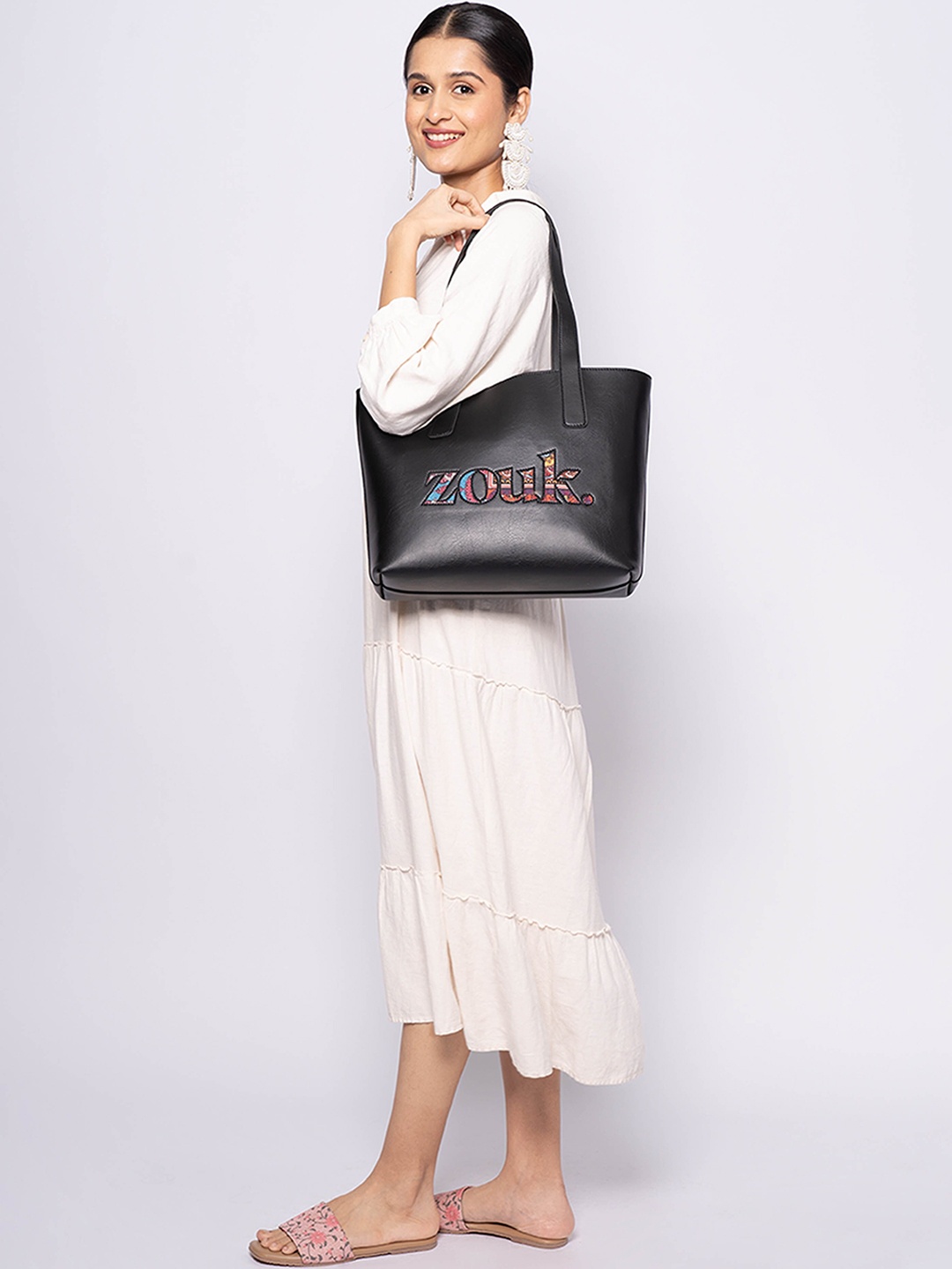 

ZOUK Structured Tote Bag With Patch Work, Black