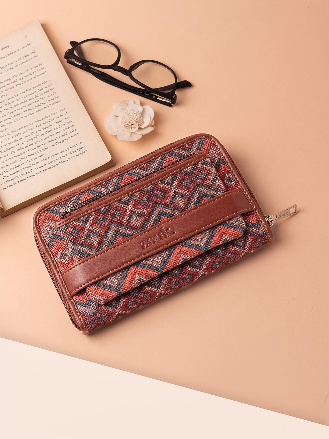 

ZOUK Women Ethnic Motifs Printed Zip Around Wallet, Brown