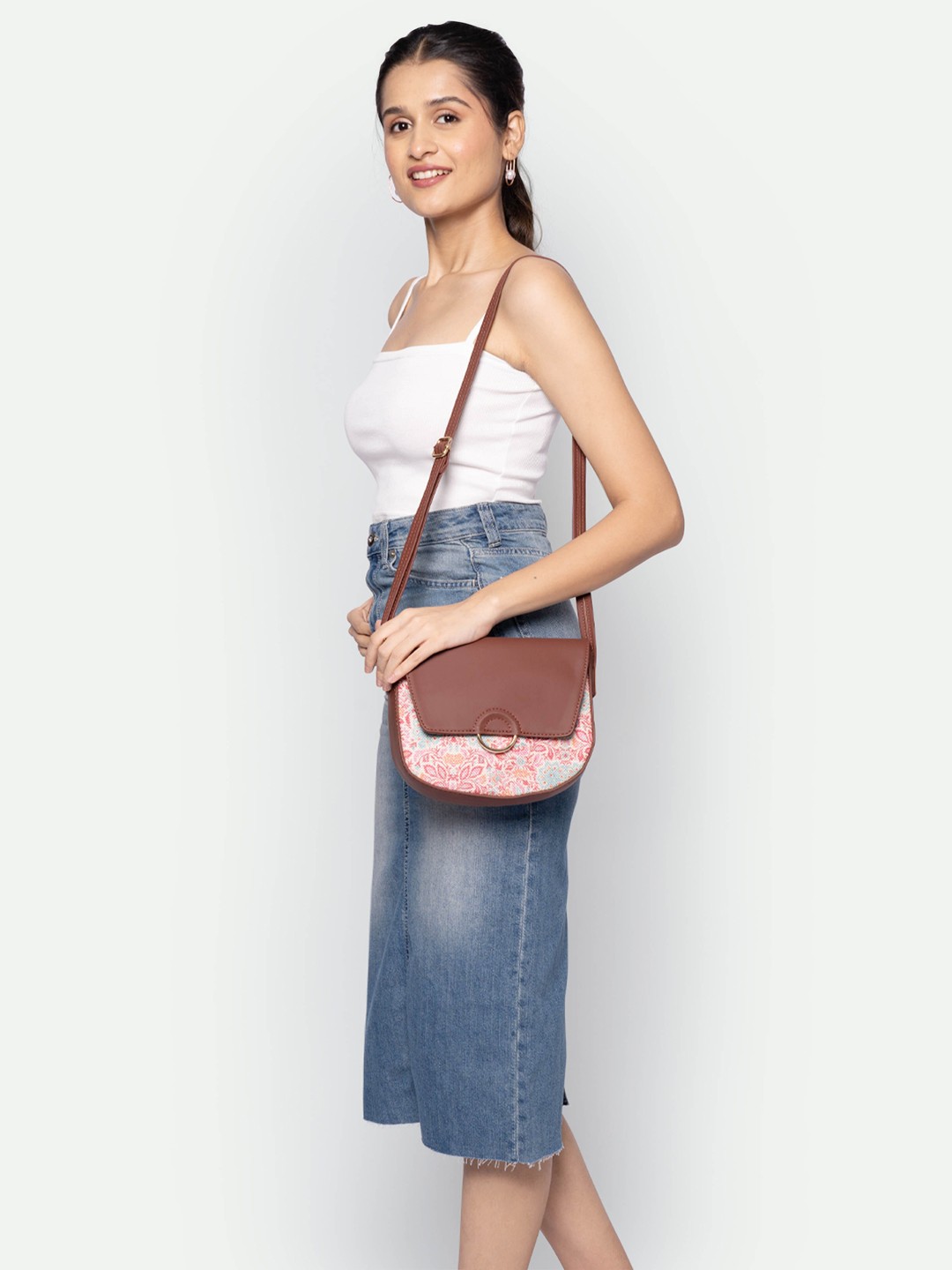 

ZOUK Floral Printed Half Moon Jute Sling Bag, White