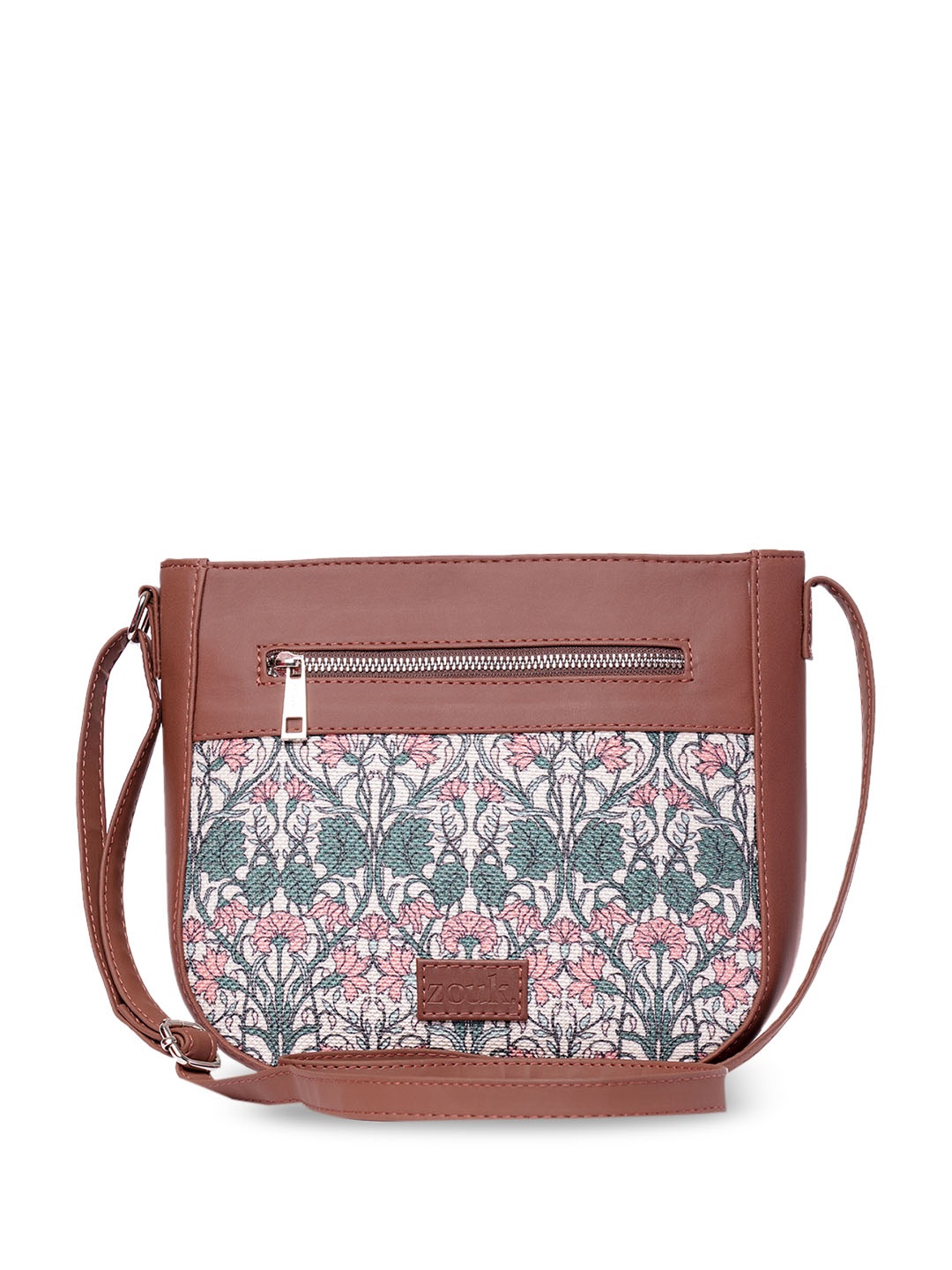 

ZOUK Floral Printed Structured Jute Sling Bag, Brown
