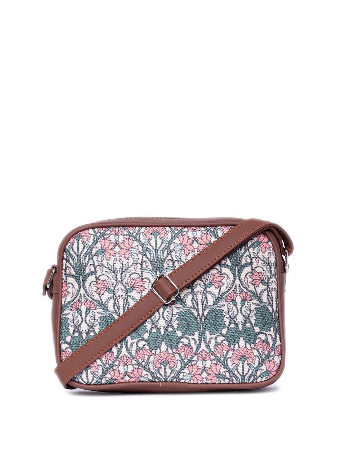 ZOUK Floral Printed Structured Jute Sling Bag, White