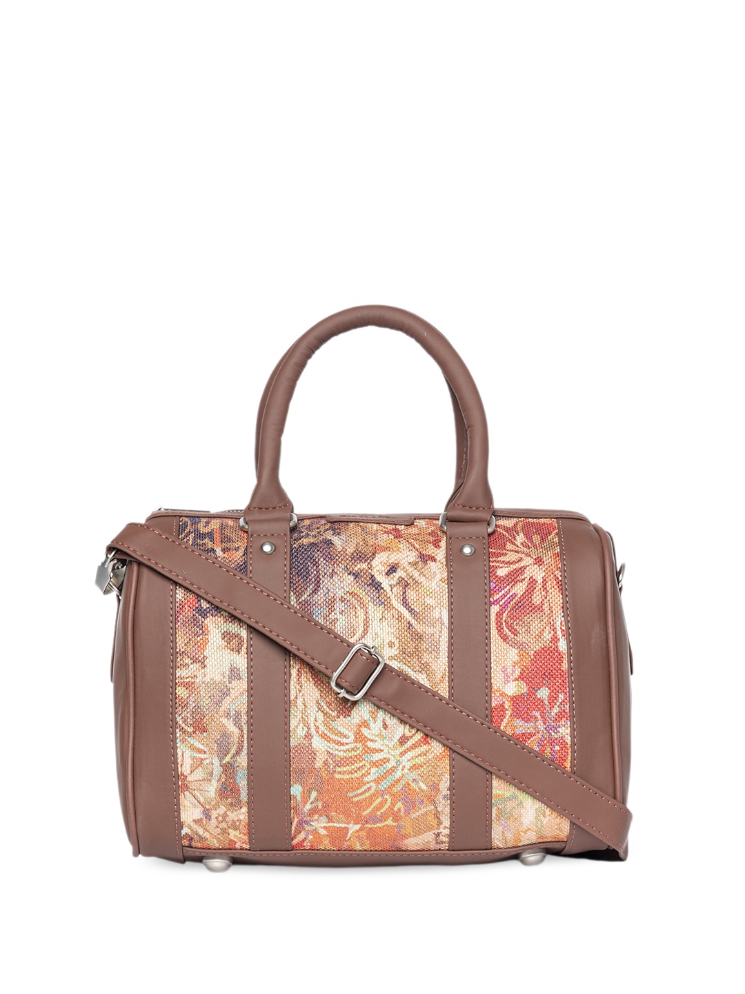 

ZOUK Floral Printed Bowling Jute Handheld Bag, Brown