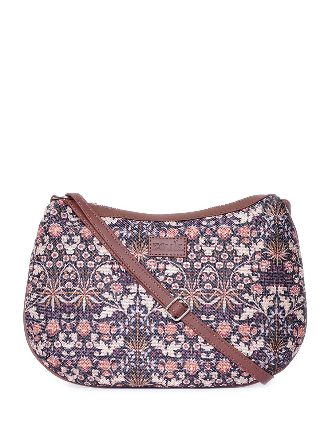 

ZOUK Floral Printed Structured Sling Bag, Brown