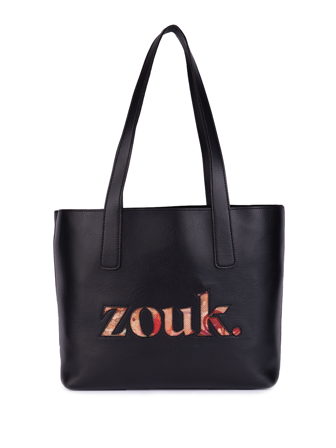 

ZOUK Typography Printed Structured Cut Work Shoulder Bag, Black