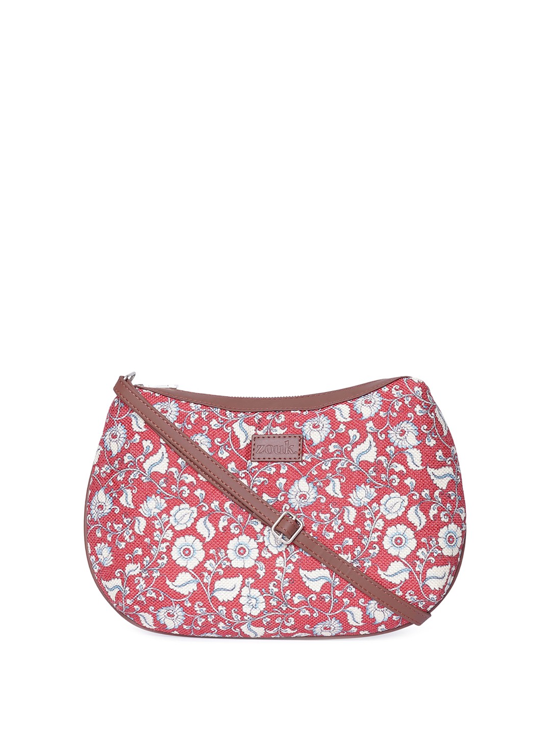 

ZOUK Floral Printed Structured Jute Sling Bag, Red