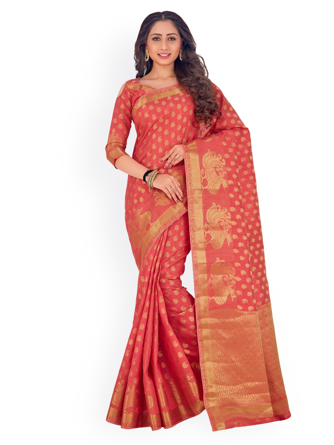 

MIMOSA Coral & Gold-Toned Art Silk Embellished Kanjeevaram Saree