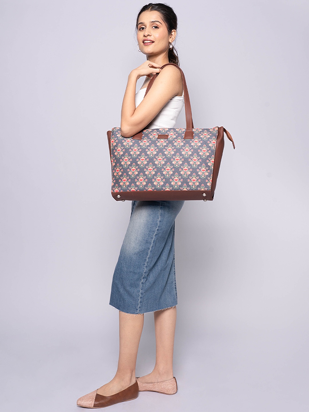 

ZOUK Floral Printed Structured Jute Shoulder Bag, Blue