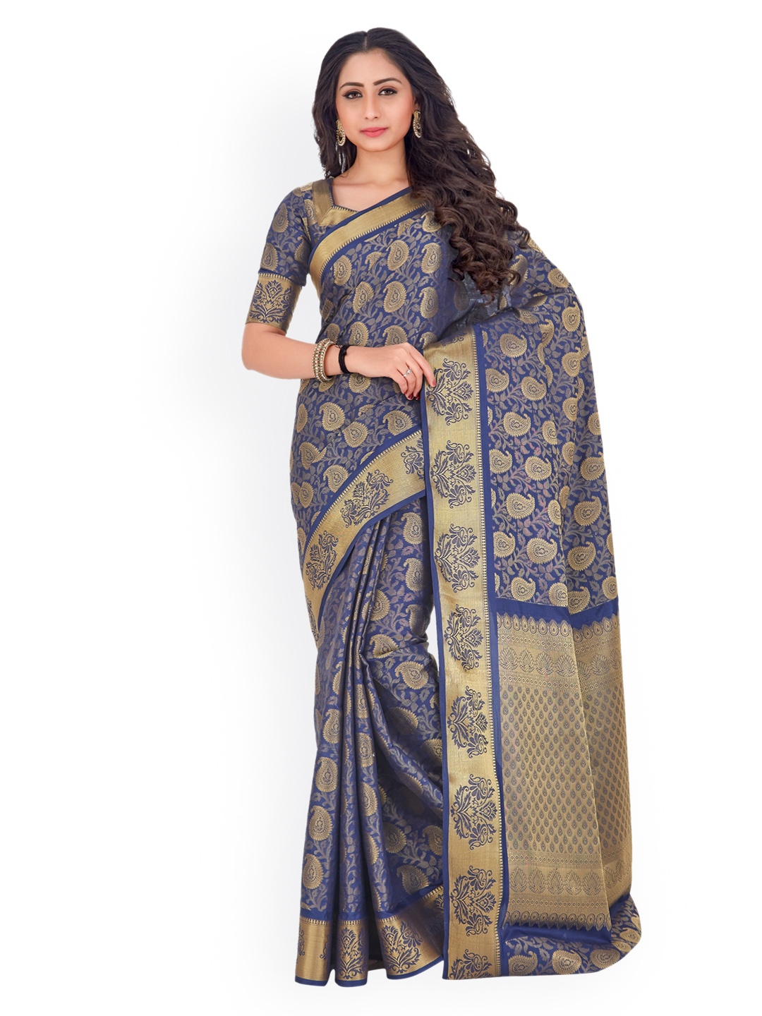 

MIMOSA Navy Blue & Gold-Toned Art Silk Woven Design Kanjeevaram Saree