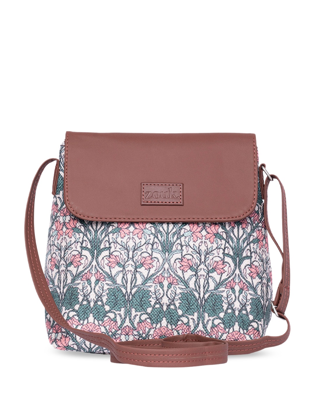 

ZOUK Floral Printed Structured Vegan Leather Sling Bag, Pink