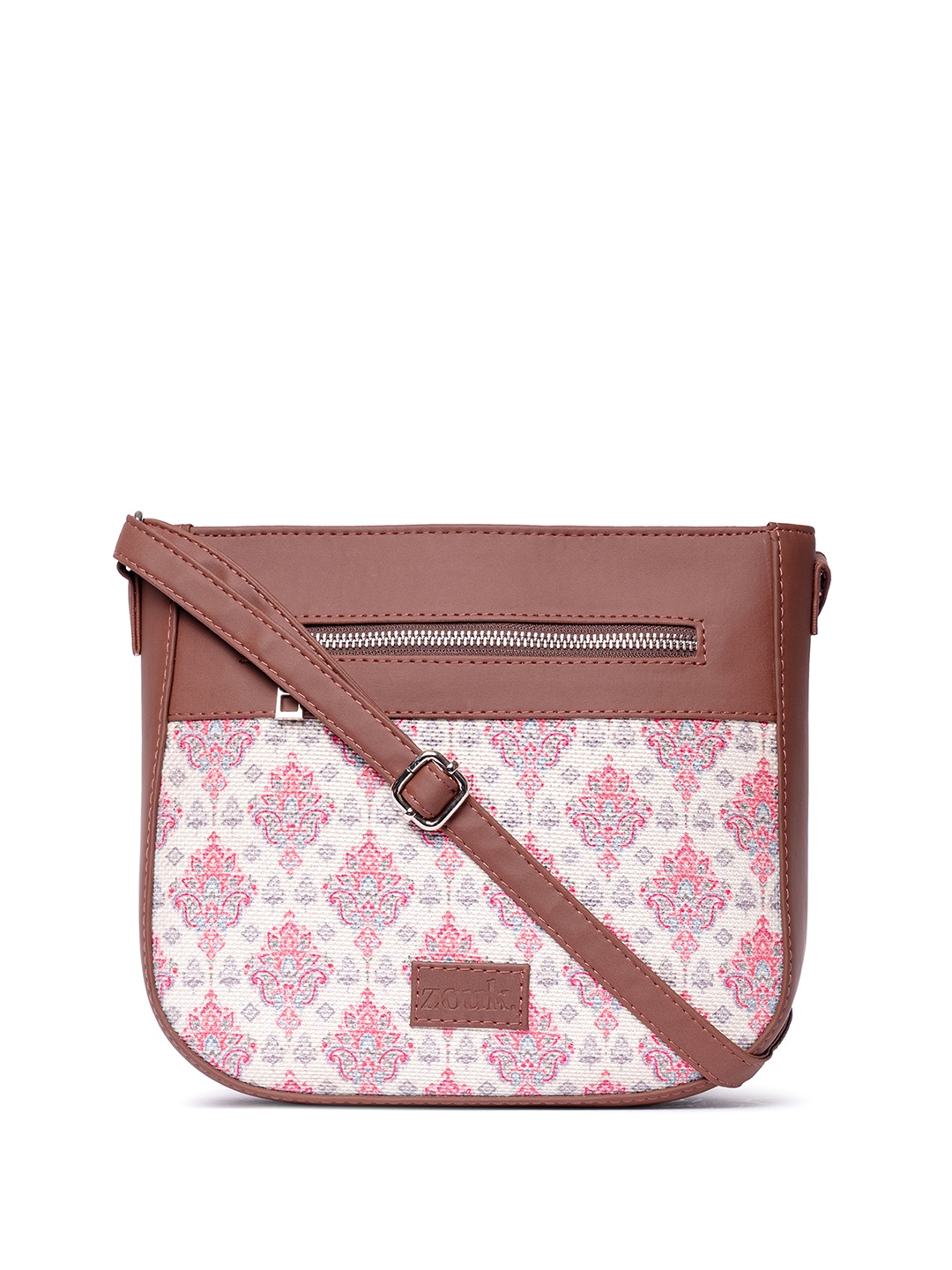 

ZOUK Ethnic Motifs Printed Structured Sling Bag, Brown