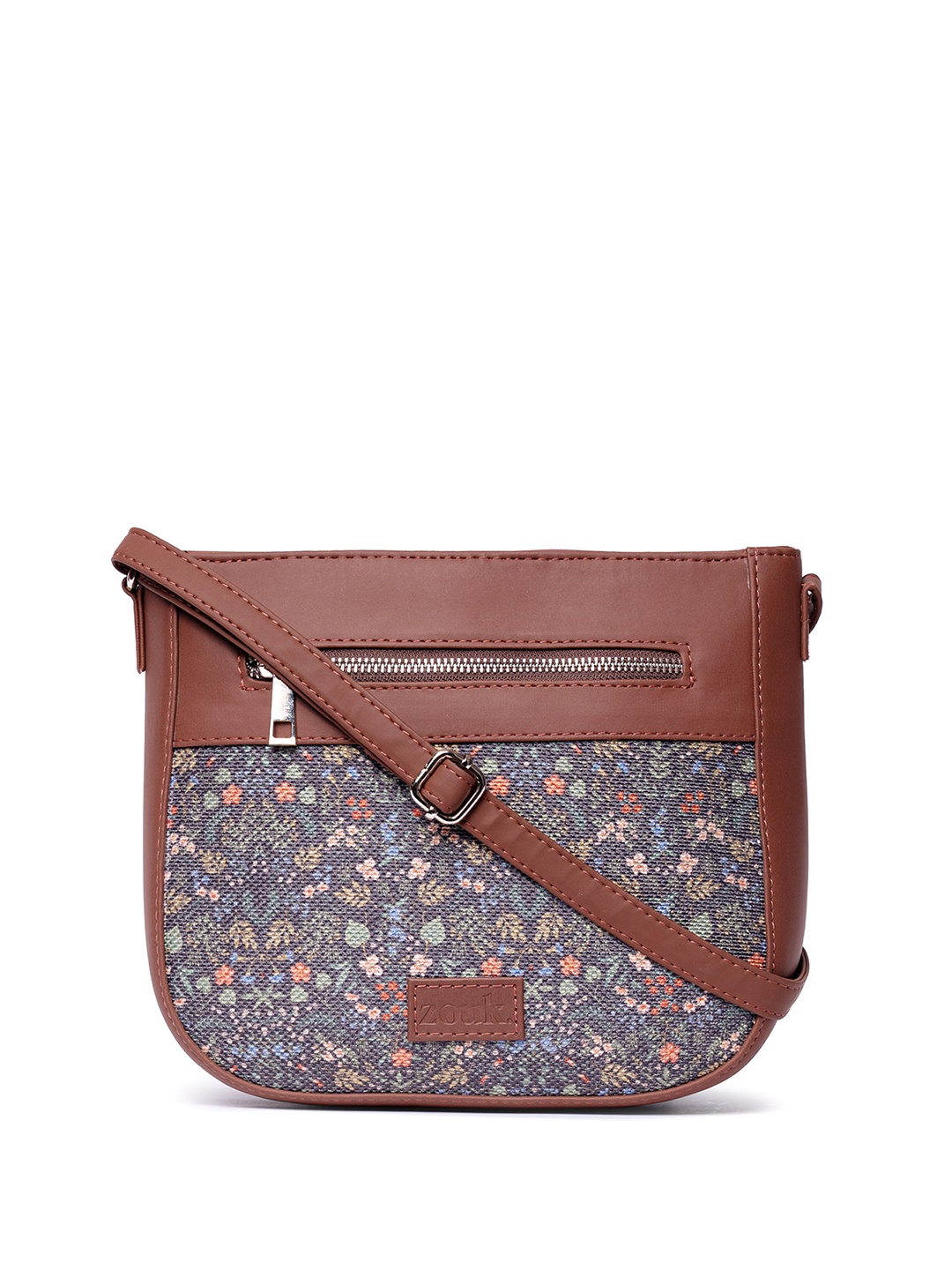 

ZOUK Floral Printed Structured Jute Sling Bag, Brown