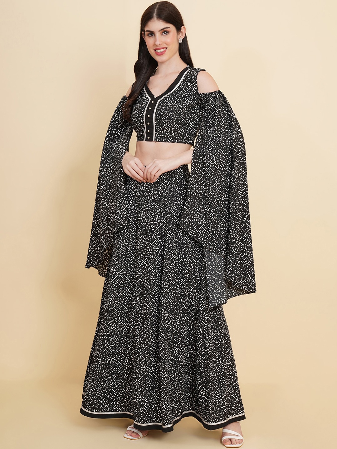 

RAASSIO Polka Dot Printed Top And Skirt, Black