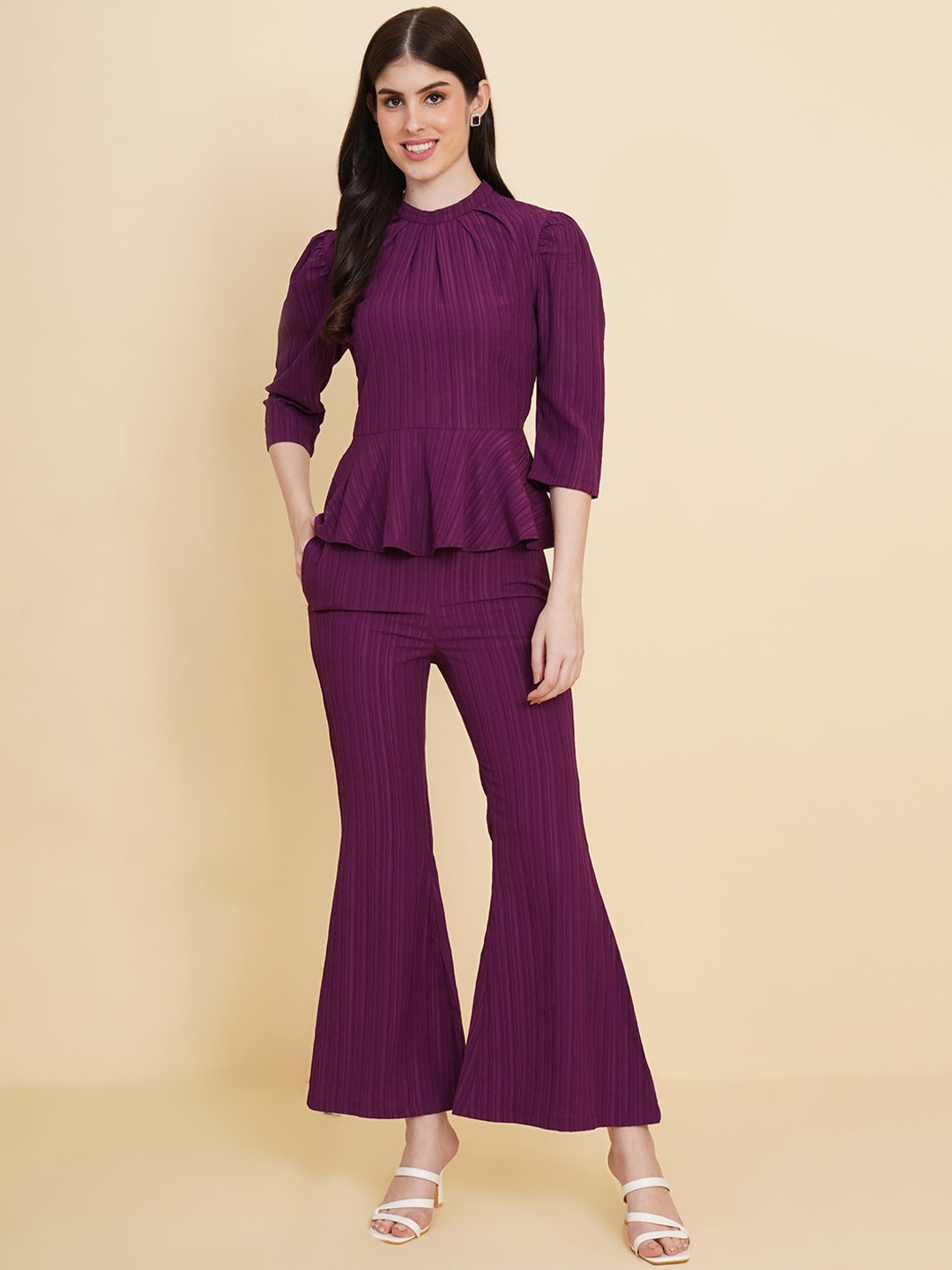 

RAASSIO Self Design Peplum Top With Trouser, Purple