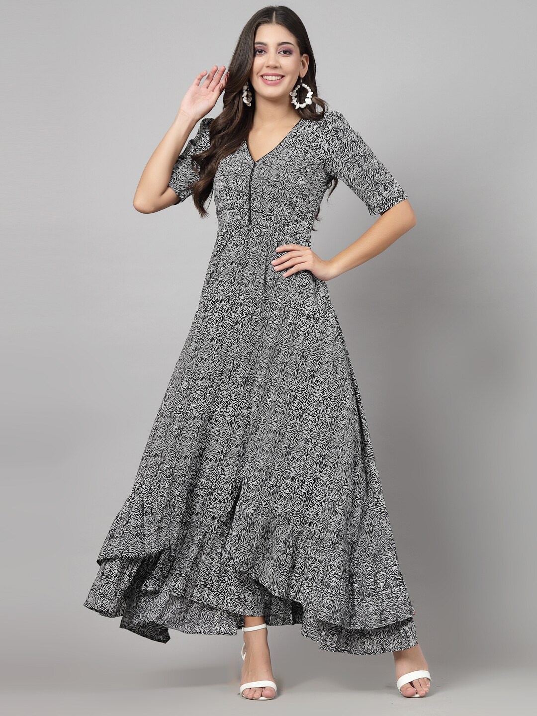 

RAASSIO Abstract Printed V-Neck Crepe Maxi Dress, Black