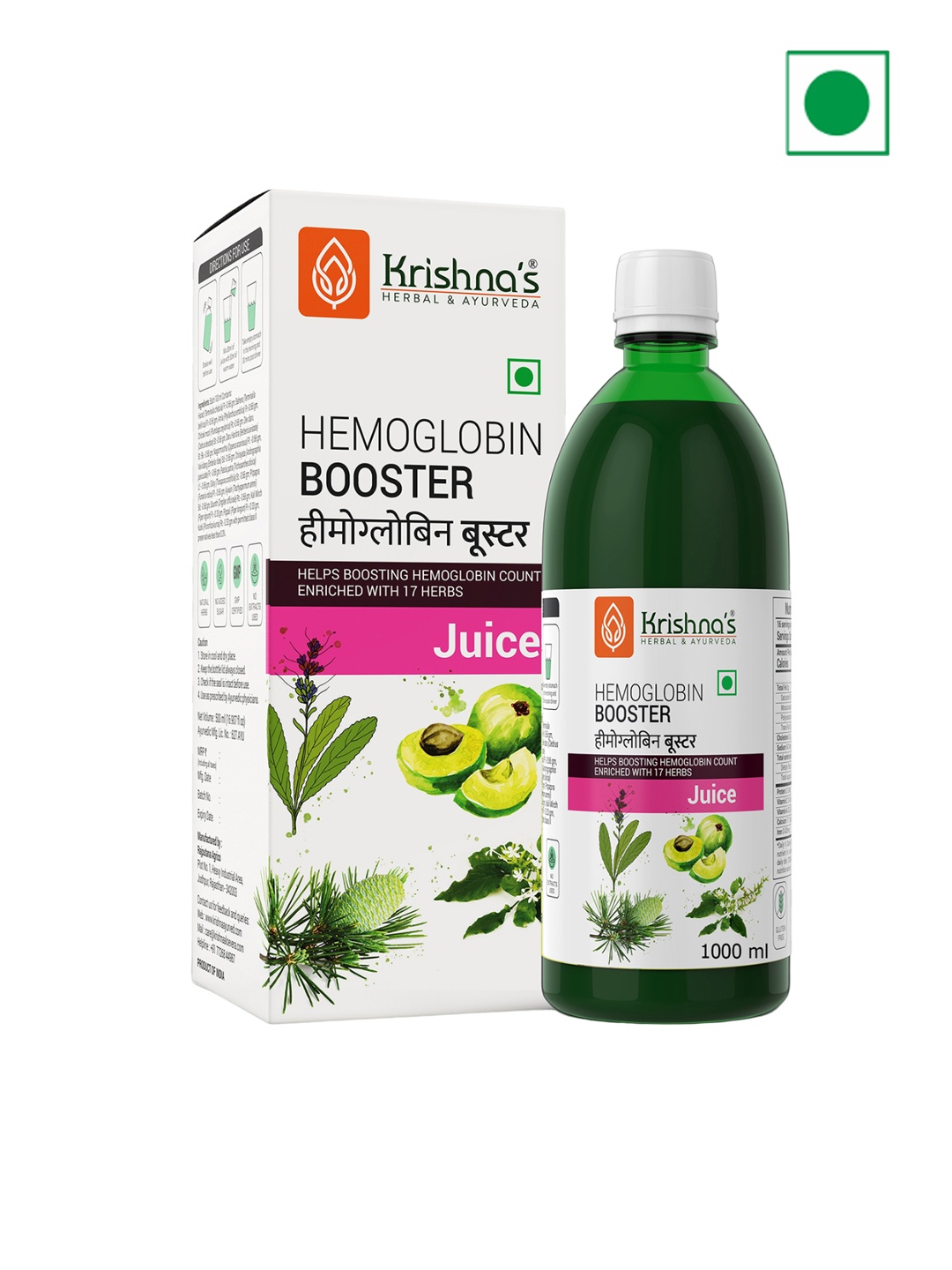 

Krishna's Herbal & Ayurveda Hemoglobin Booster Juice Enriched With 17 Herbs - 1 Liter, Green