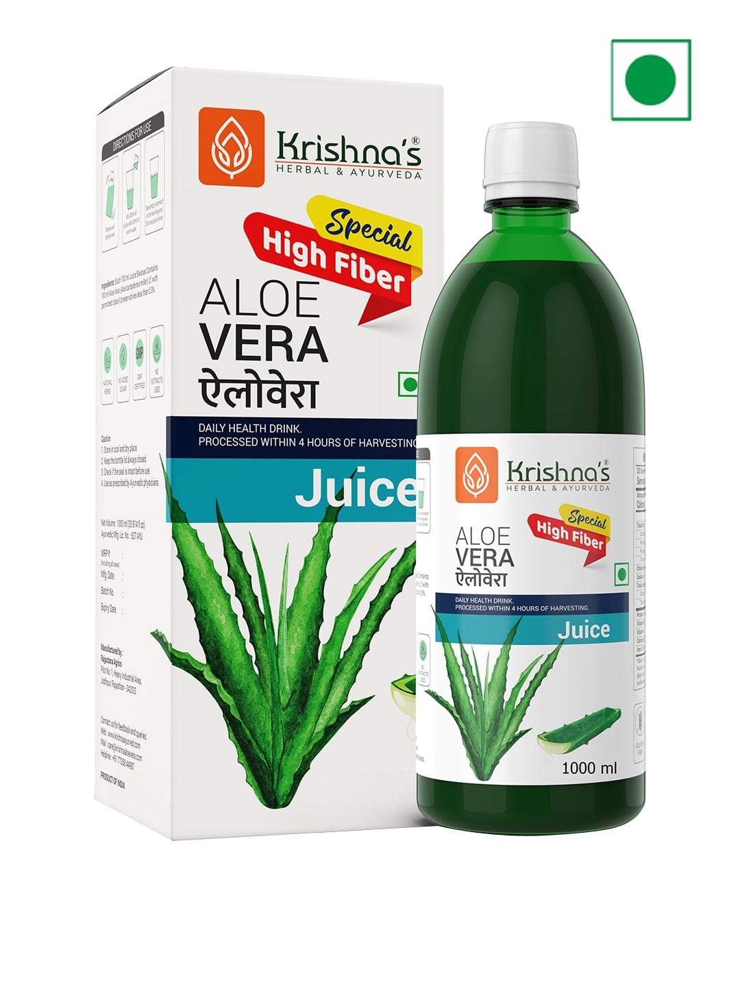 

Krishna's Herbal & Ayurveda Aloe Vera High Fiber Juice To Improve Digestion - 1L, Green
