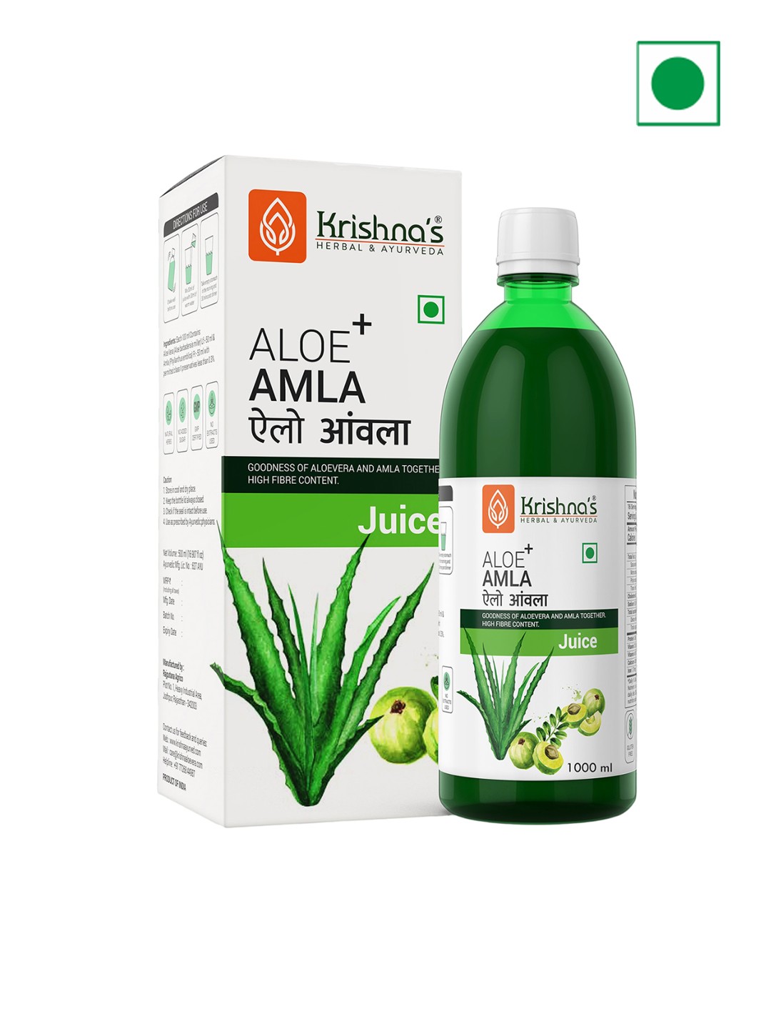 

Krishna's Herbal & Ayurveda Aloe Vera Amla Juice With Vitamin C To Improve Gut Health - 1L, Green