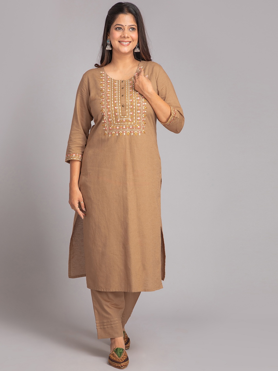 

SUTI Ethnic Motifs Embroidered Regular Thread Work Kurta with Trousers, Brown