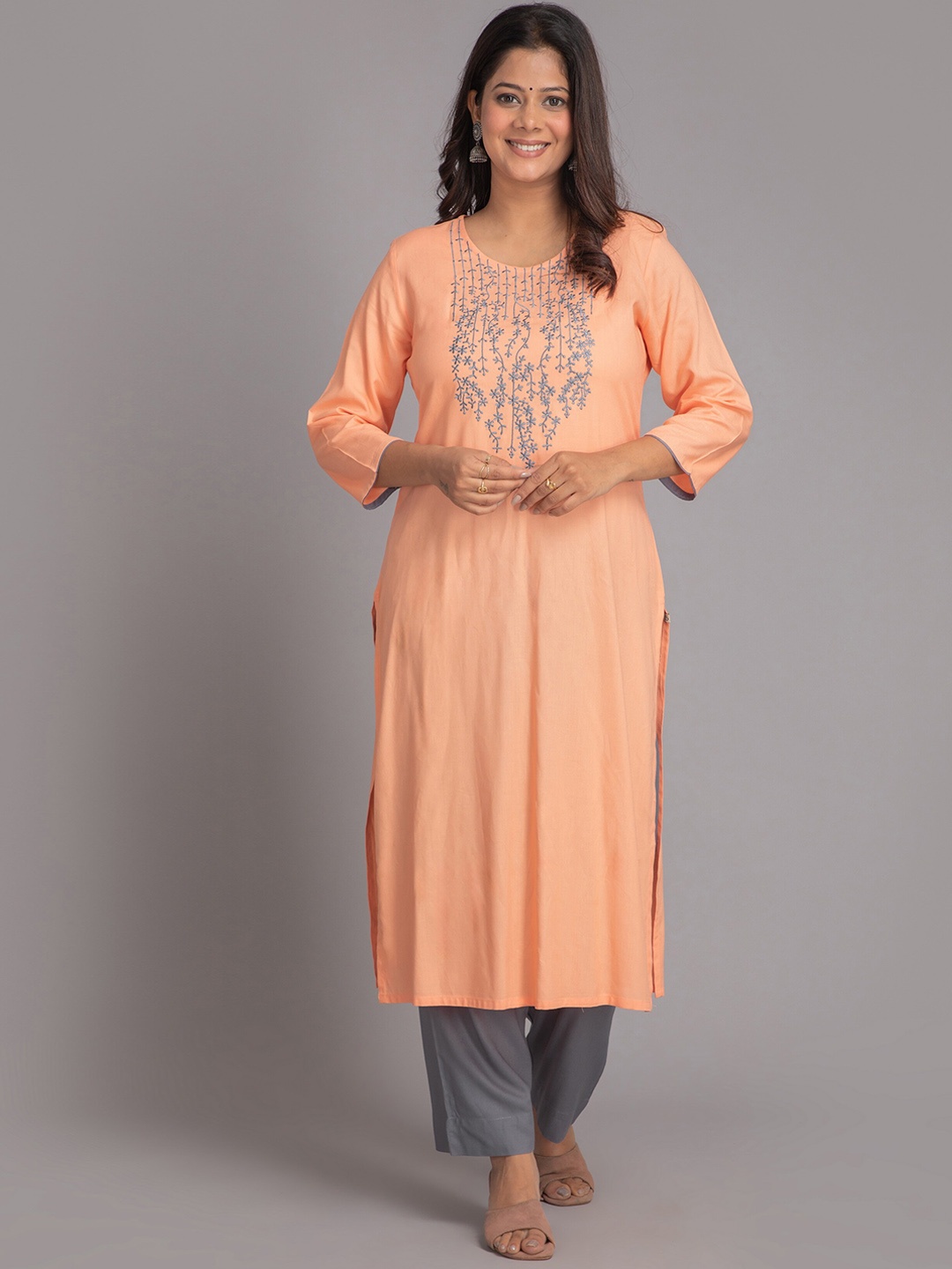 

SUTI Ethnic Motifs Yoke Design Regular Thread Work Kurta With Trousers, Peach