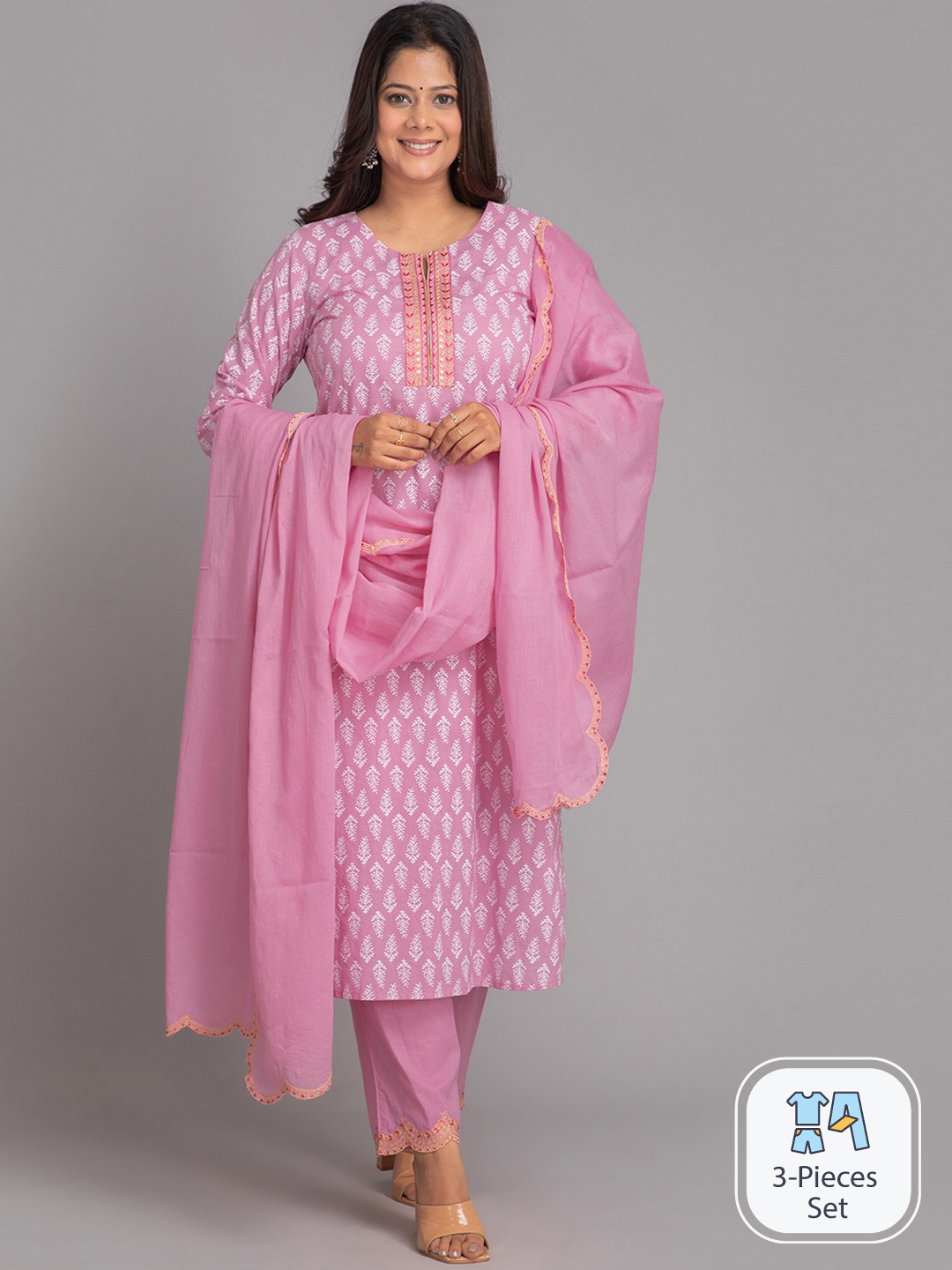 

SUTI Floral Printed Regular Pure Cotton Kurta & Trousers With Dupatta, Pink
