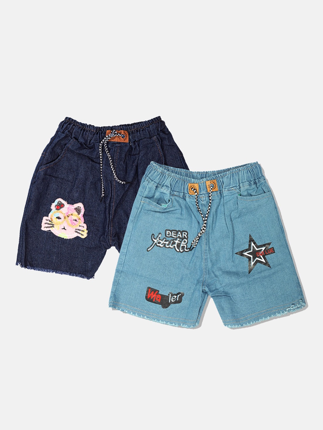 

MANZON Girls Pack Of 2 Graphic Printed Denim Denim Shorts, Navy blue