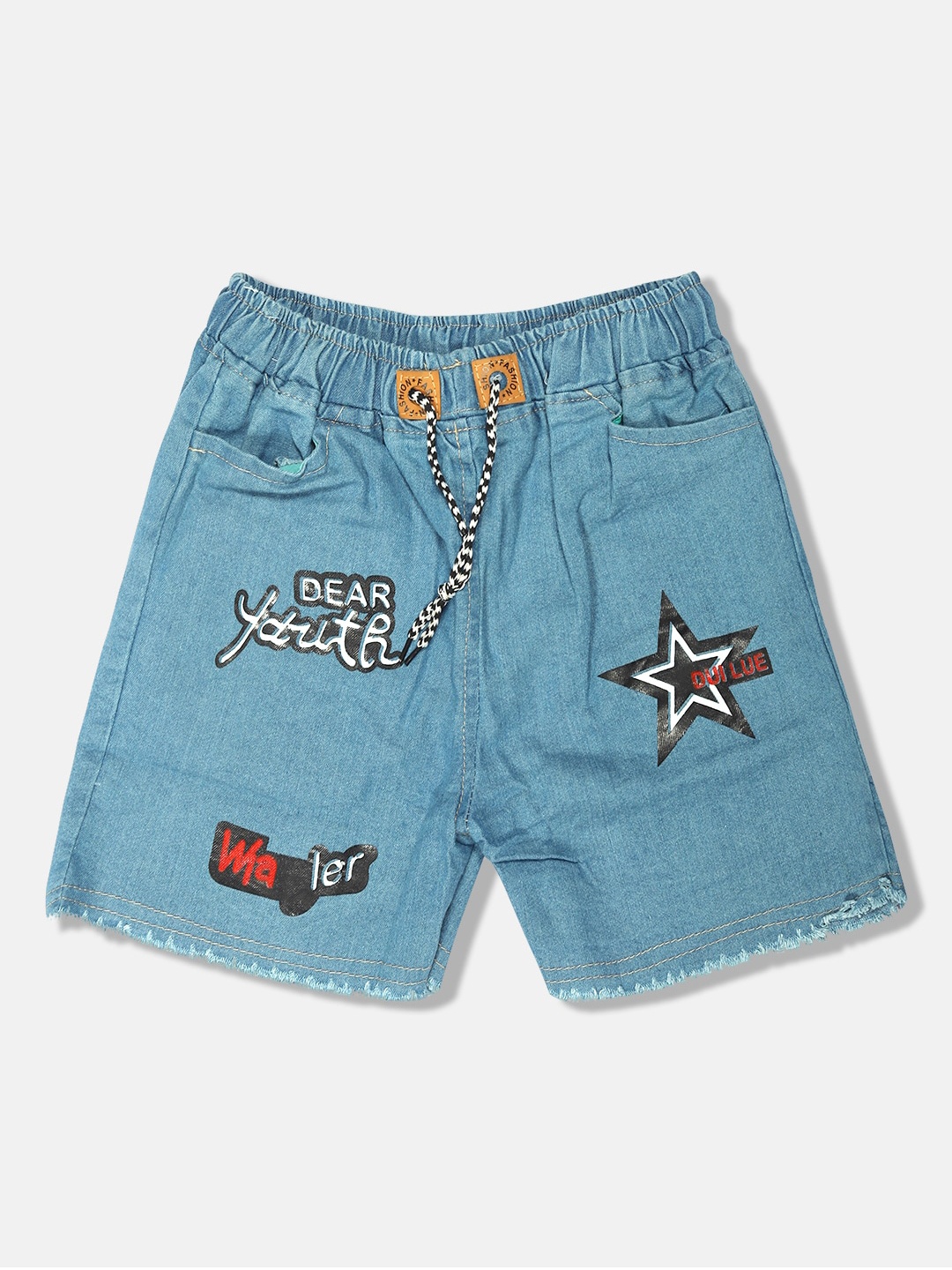 

MANZON Girls Printed Mid-Rise Denim Shorts, Blue