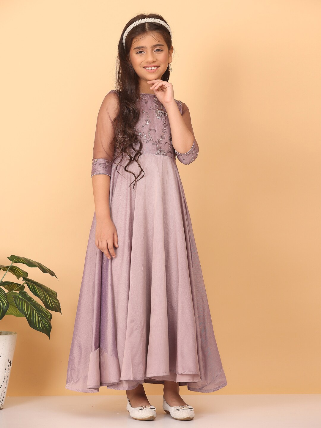 

Ethnovog Floral Embroidered Sequinned Fit & Flare Silk Maxi Dress, Mauve