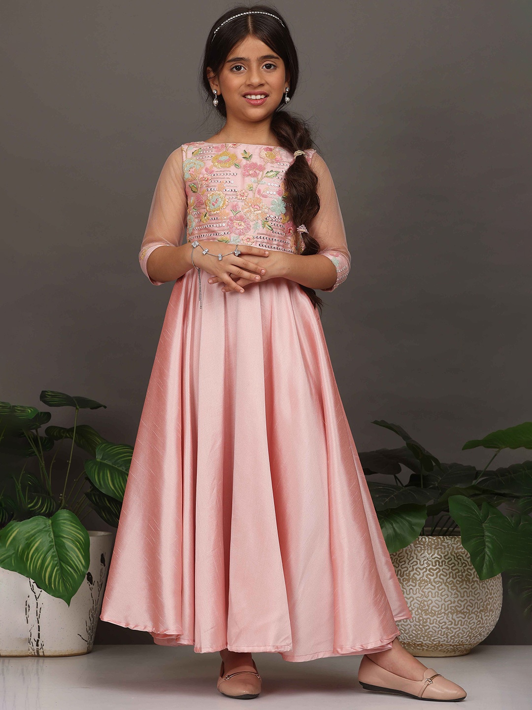 

Ethnovog Floral Embroidered Fit & Flare Silk Maxi Dress, Pink