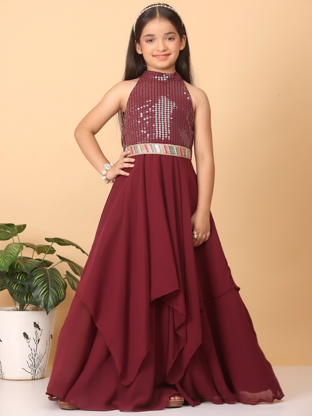 

Ethnovog Girls Burgundy Embellished Georgette Maxi Dress