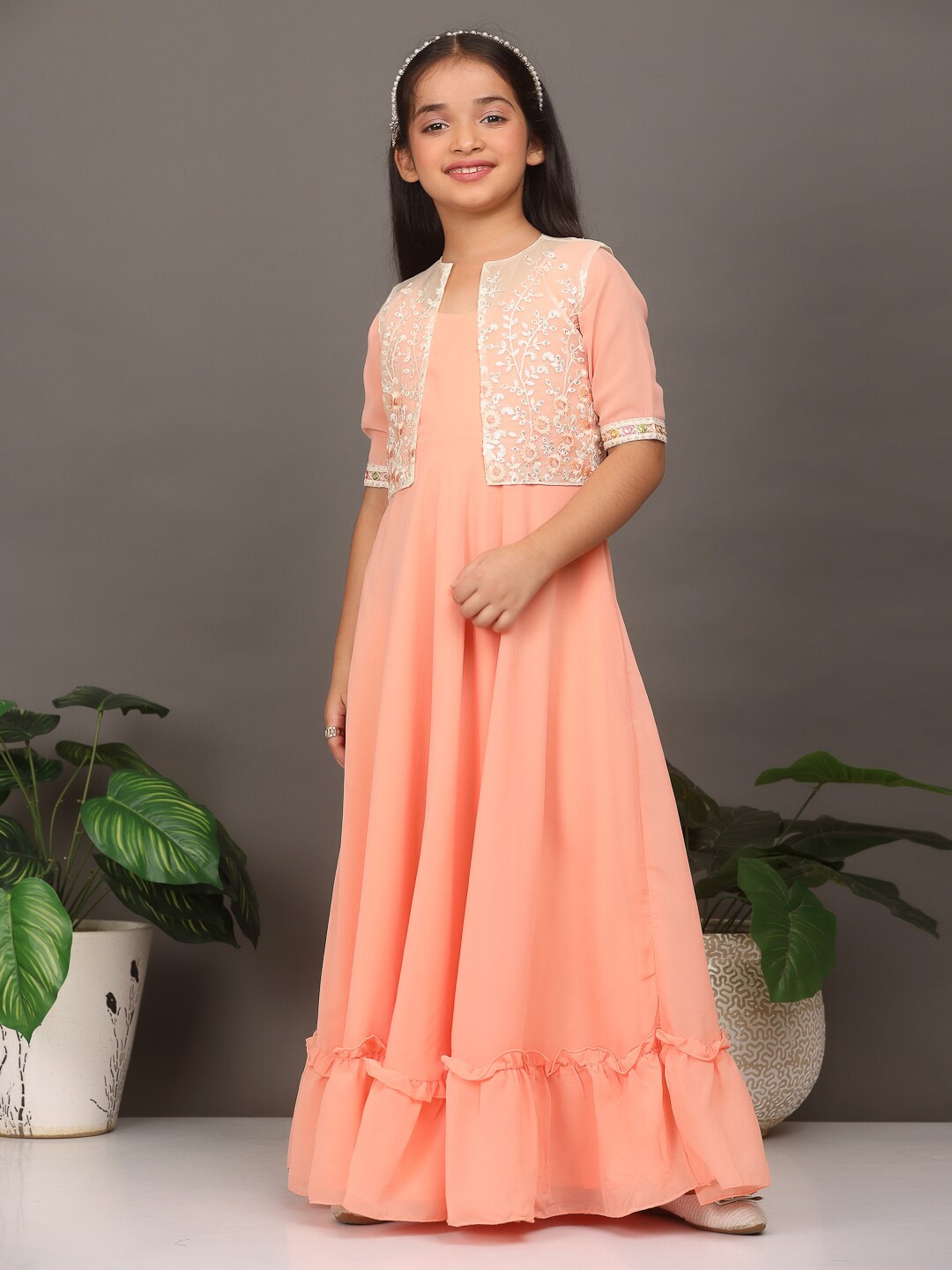 

Ethnovog Georgette A-line Maxi Dress With Embroidered Jacket, Peach