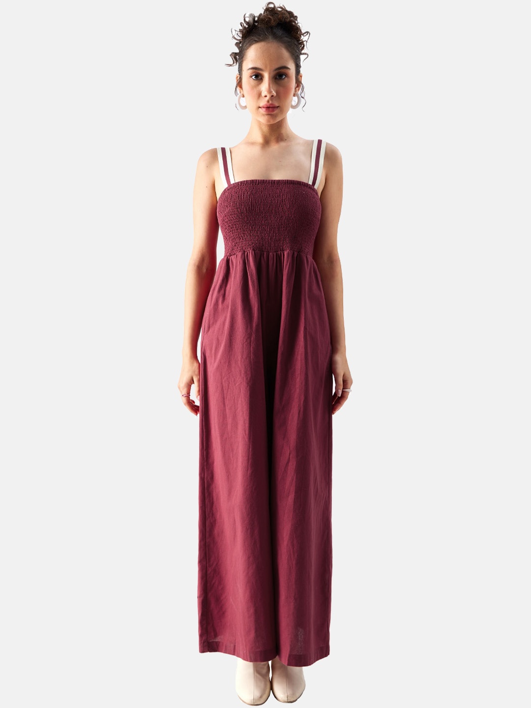 

The Souled Store Pure Cotton Smocked Basic Jumpsuit, Maroon