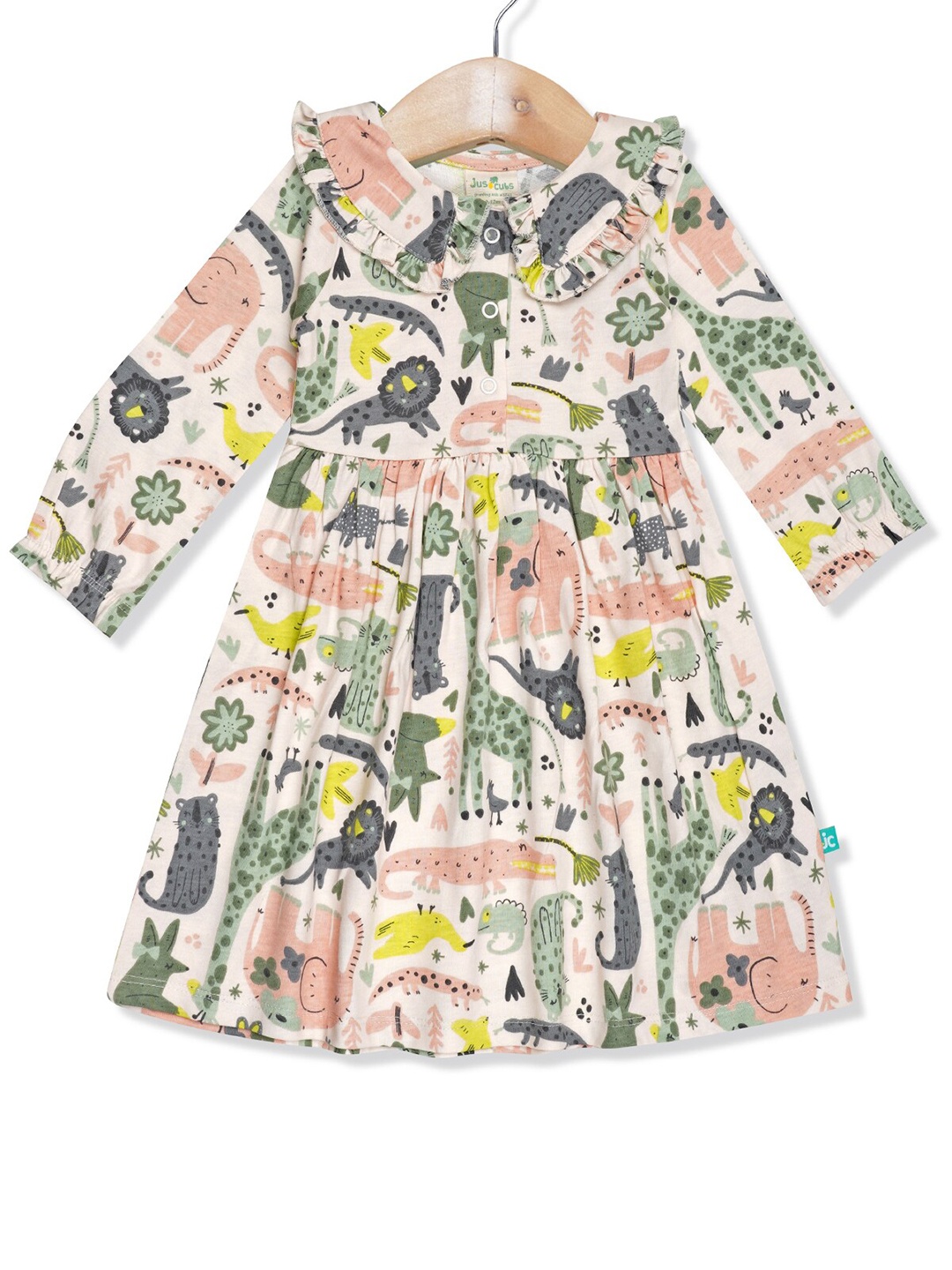 

JusCubs Infants-Girls Conversational Printed Peter Pan Collar Cotton Fit & Flare Dress, Cream