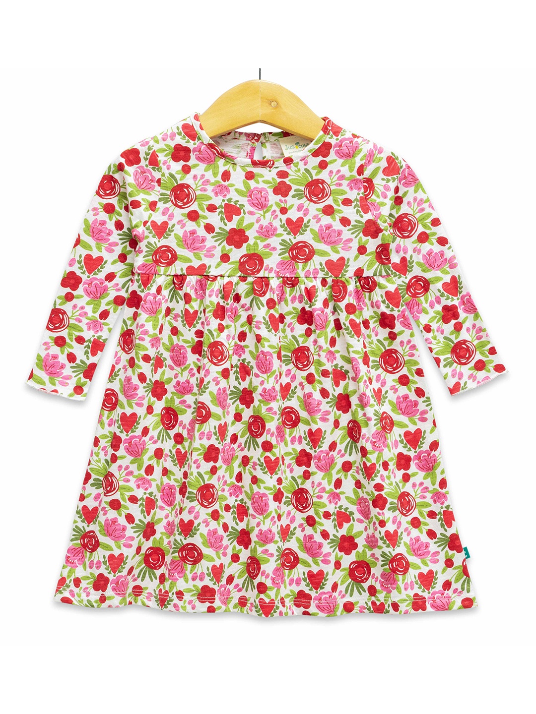 

JusCubs Round Neck Floral Printed Gathered or Pleated Cotton Fit & Flare Dress, White