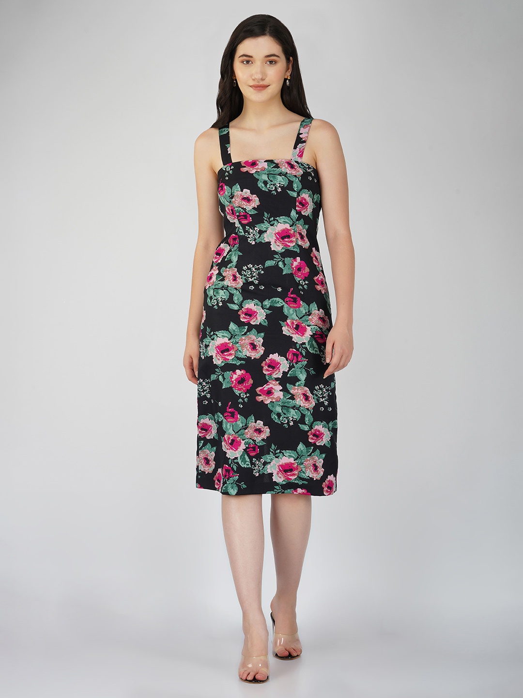 

DEPANO Floral Printed A Line Dress, Black