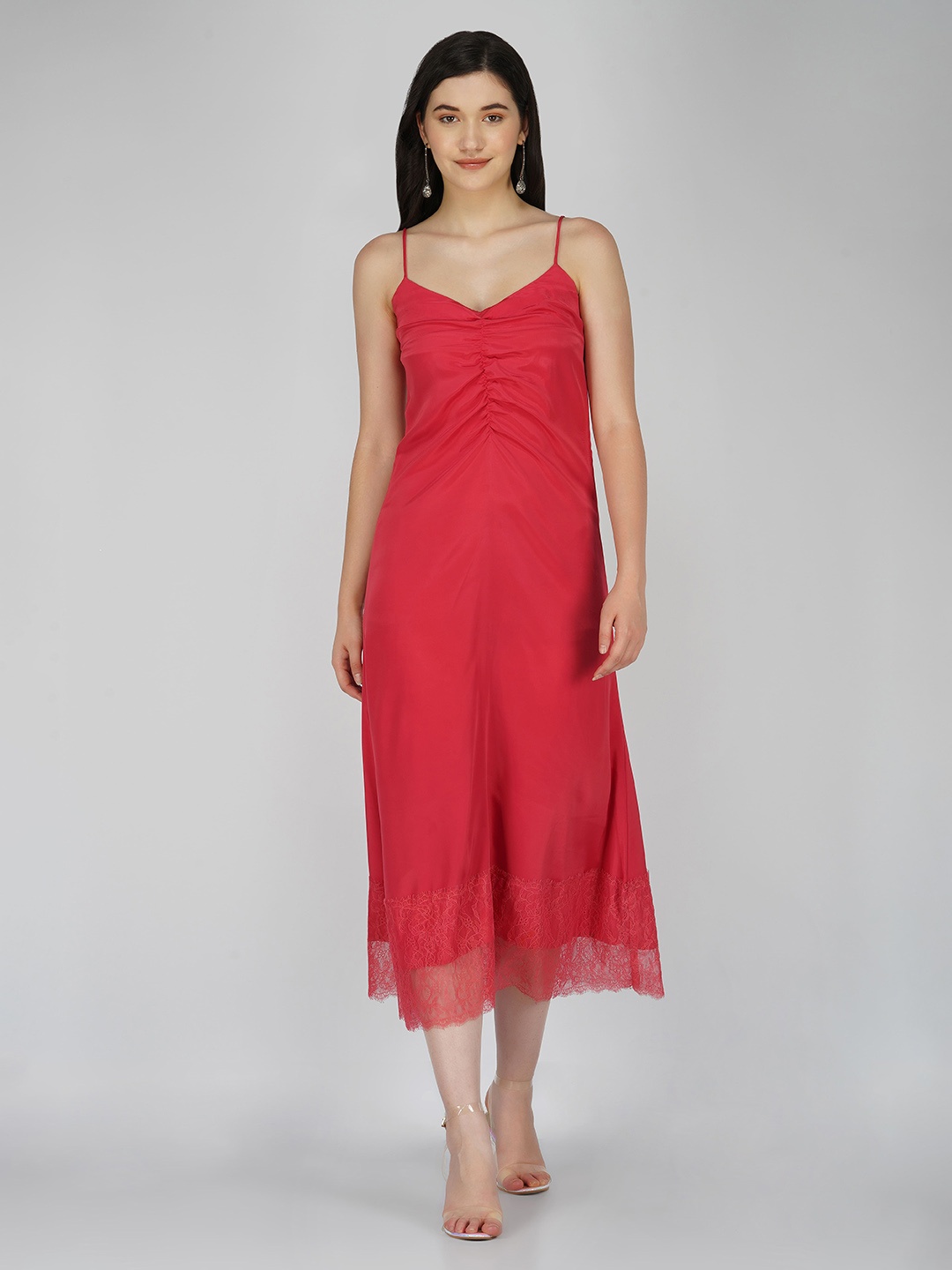 

DEPANO Shoulder Straps A Line Midi Dress, Pink