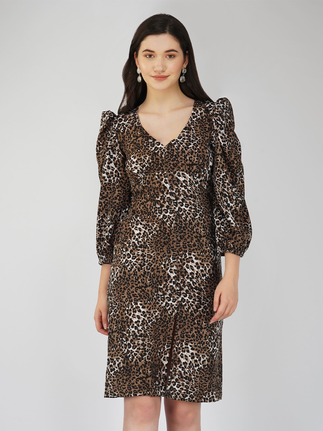 

DEPANO Animal Printed Puff Sleeve A Line Dress, Brown