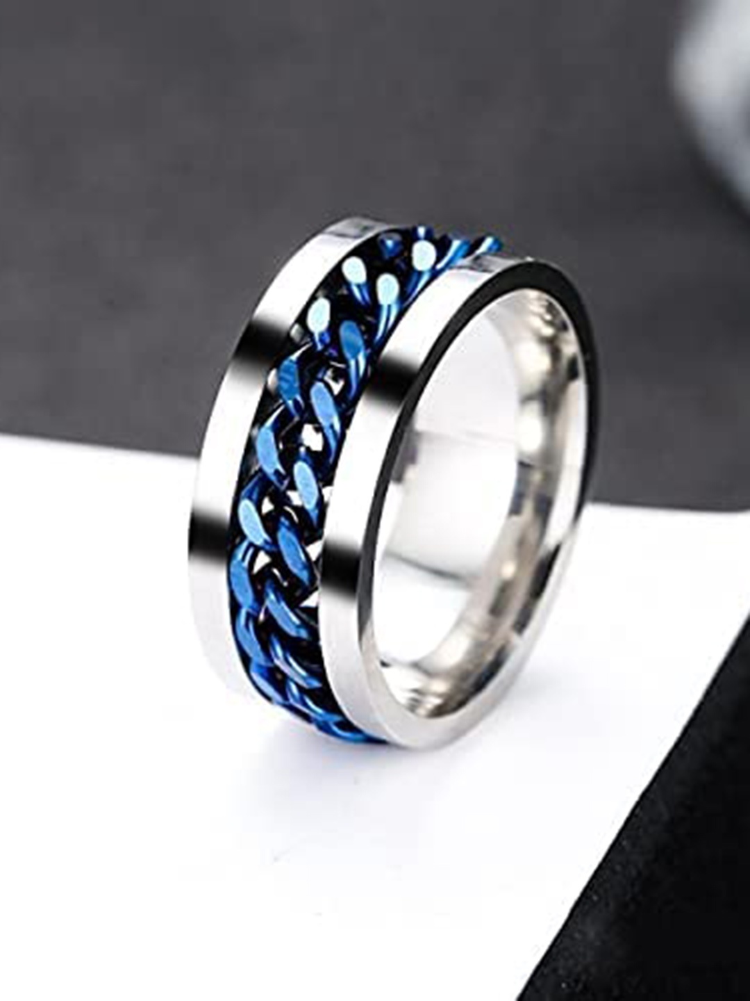 

VIEN Men Set Of 2 Platinum-Plated Stainless Steel Enamelled Finger Rings, Silver