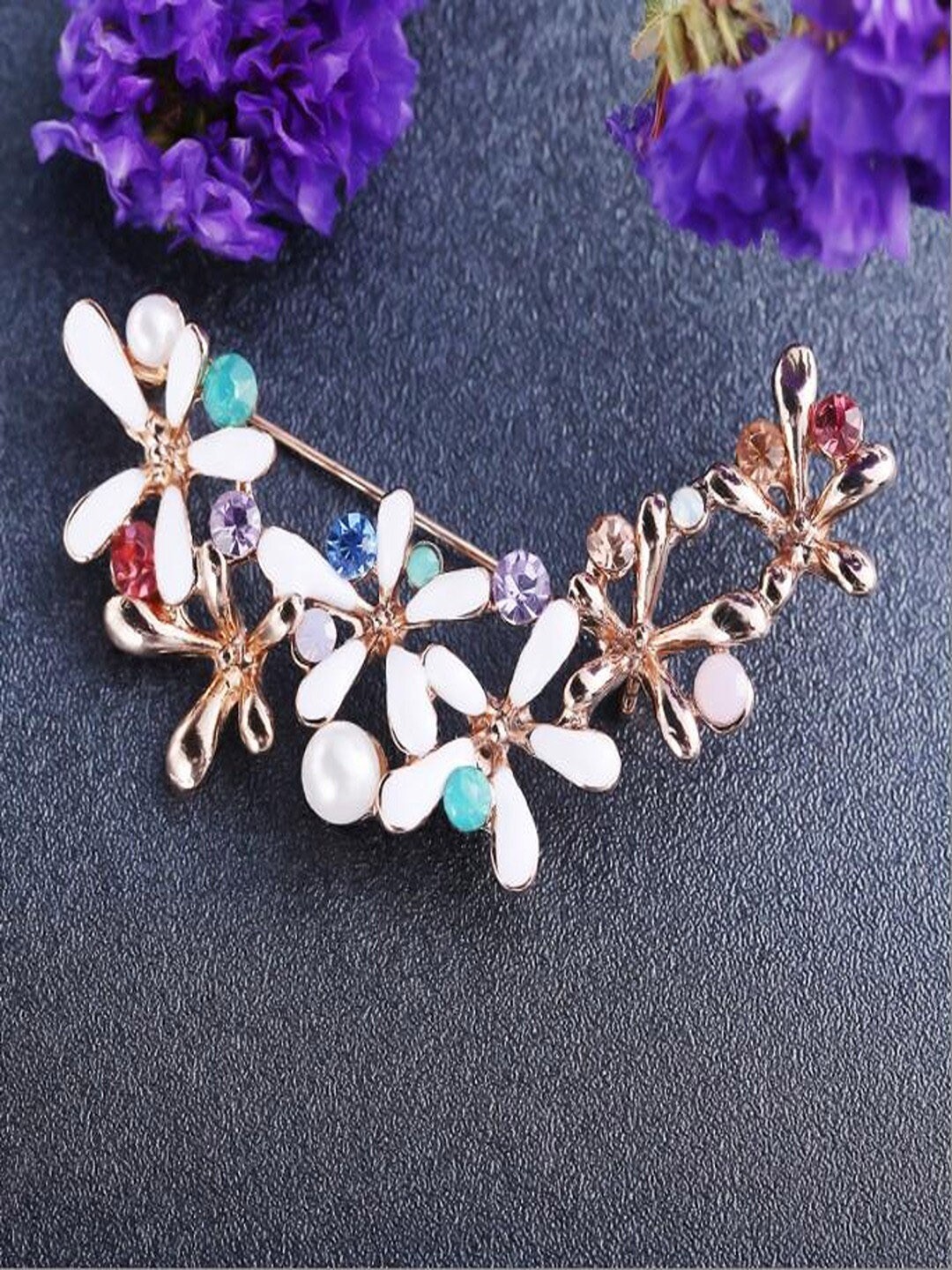 

UNIVERSITY TRENDZ Women Gold-Plated Crystal & Pearl Studded Flower Brooch